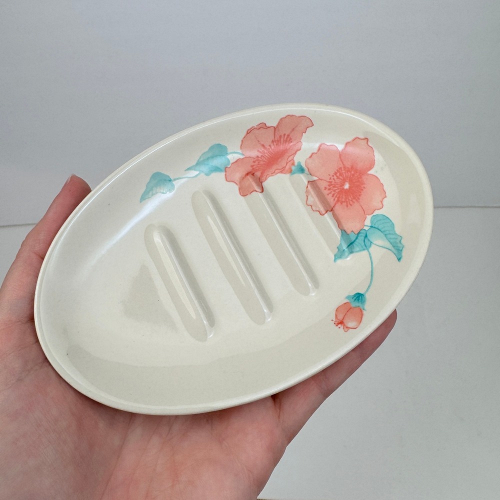 Vtg Ceramic Bar Soap Oval Holder Dish Pink Flower Floral Design Drainage Ridges